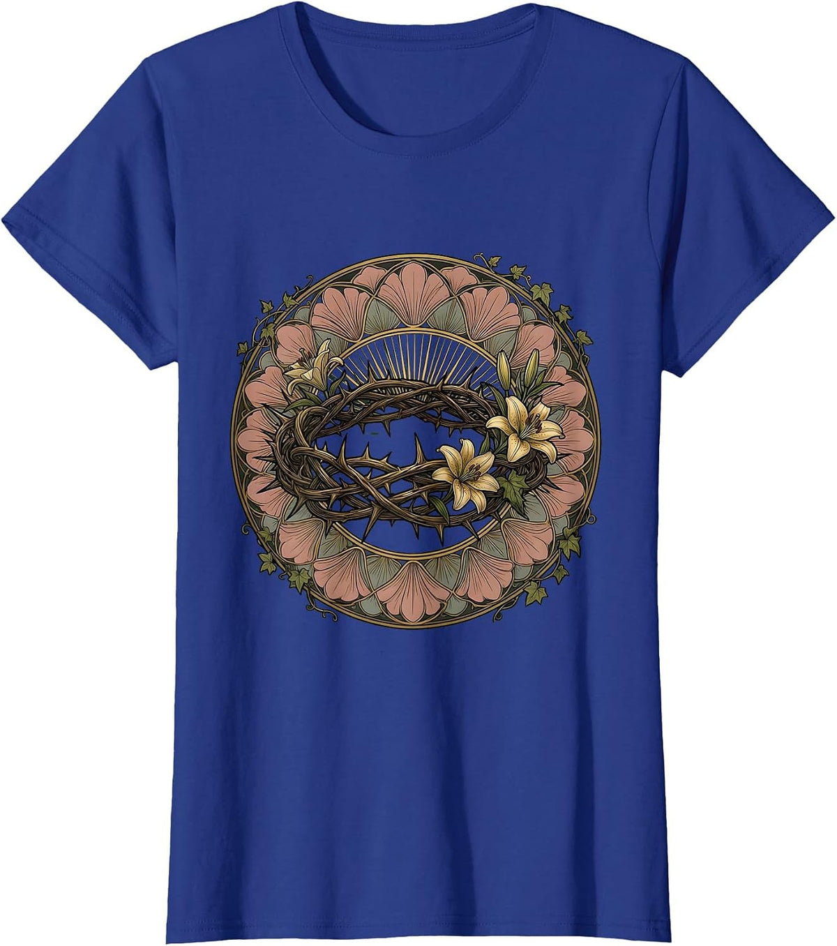 Women's Crown of Thorns Glowing Light Jesus Graphic T-Shirt - Royal Blue