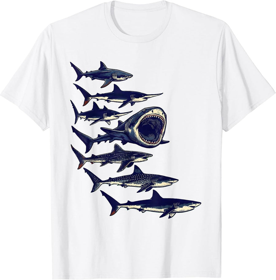 Men's Shark Species Linocut Marine Biology Ocean Lover Humor T-Shirt - White