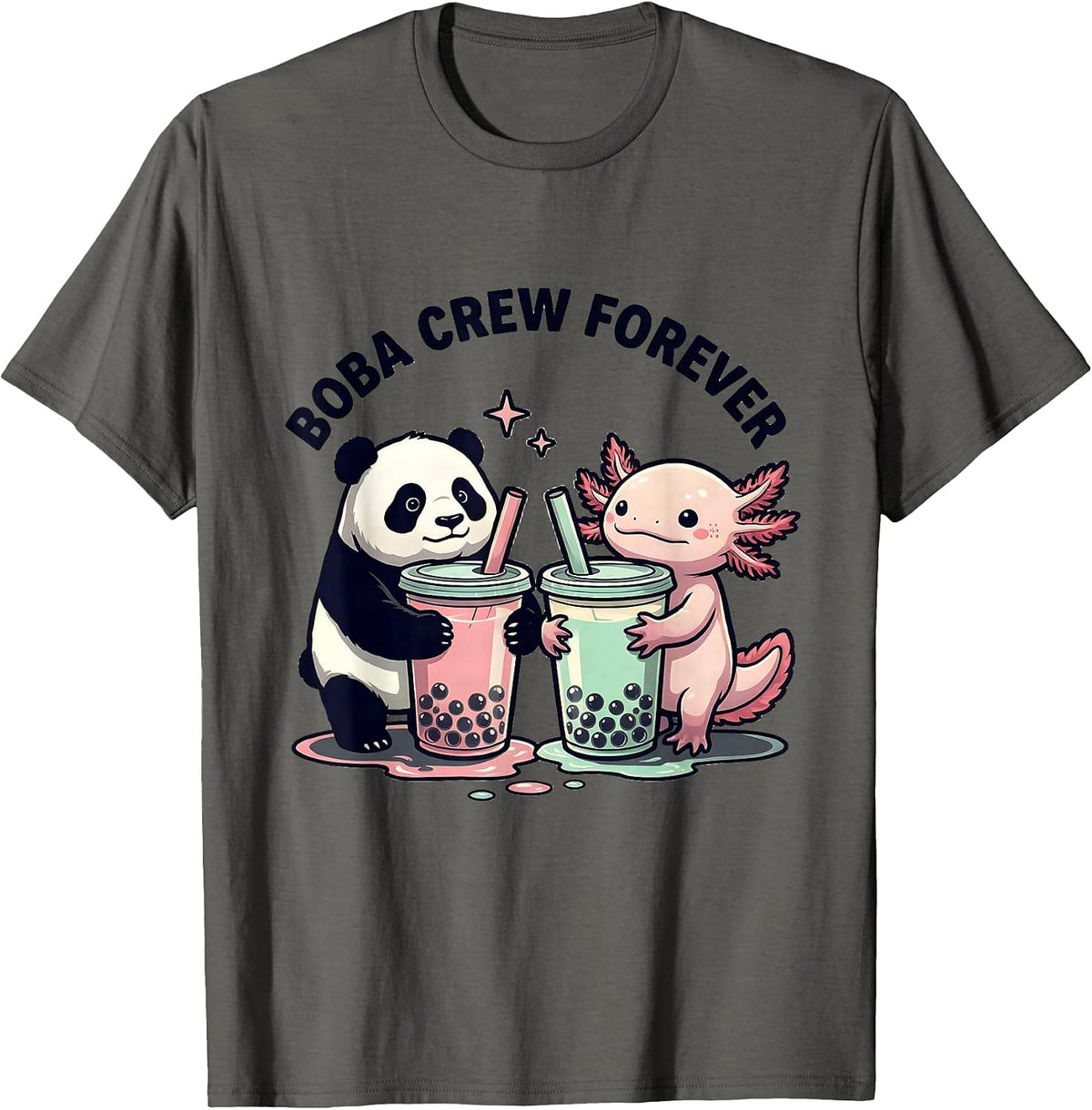 Boba Crew Forever Cute Kawaii Panda and Axolotl Boba Tea T-Shirt - Asphalt Grey