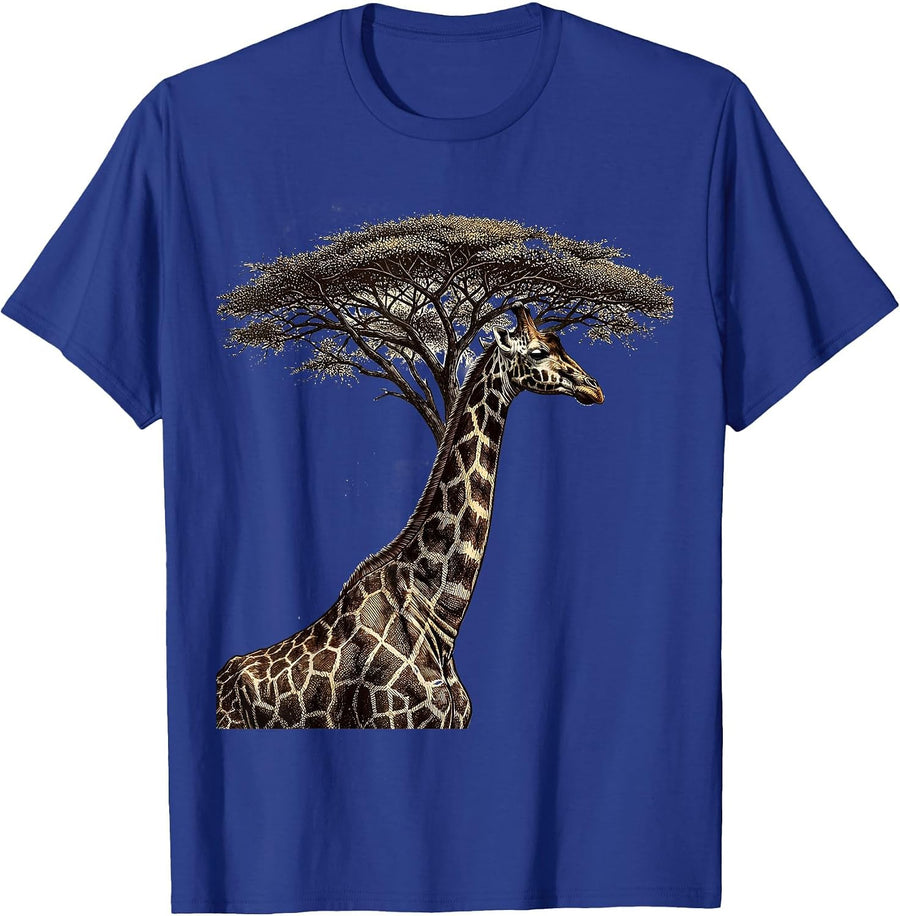 Safari Giraffe Acacia Tree Wildlife Illustration T-Shirt - Royal Blue