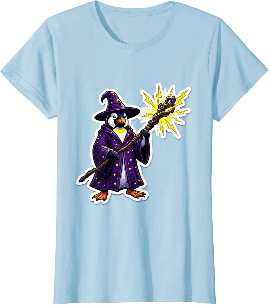 Women's Penguin Wizard Lightning Staff Fantasy Art T-Shirt - Baby Blue