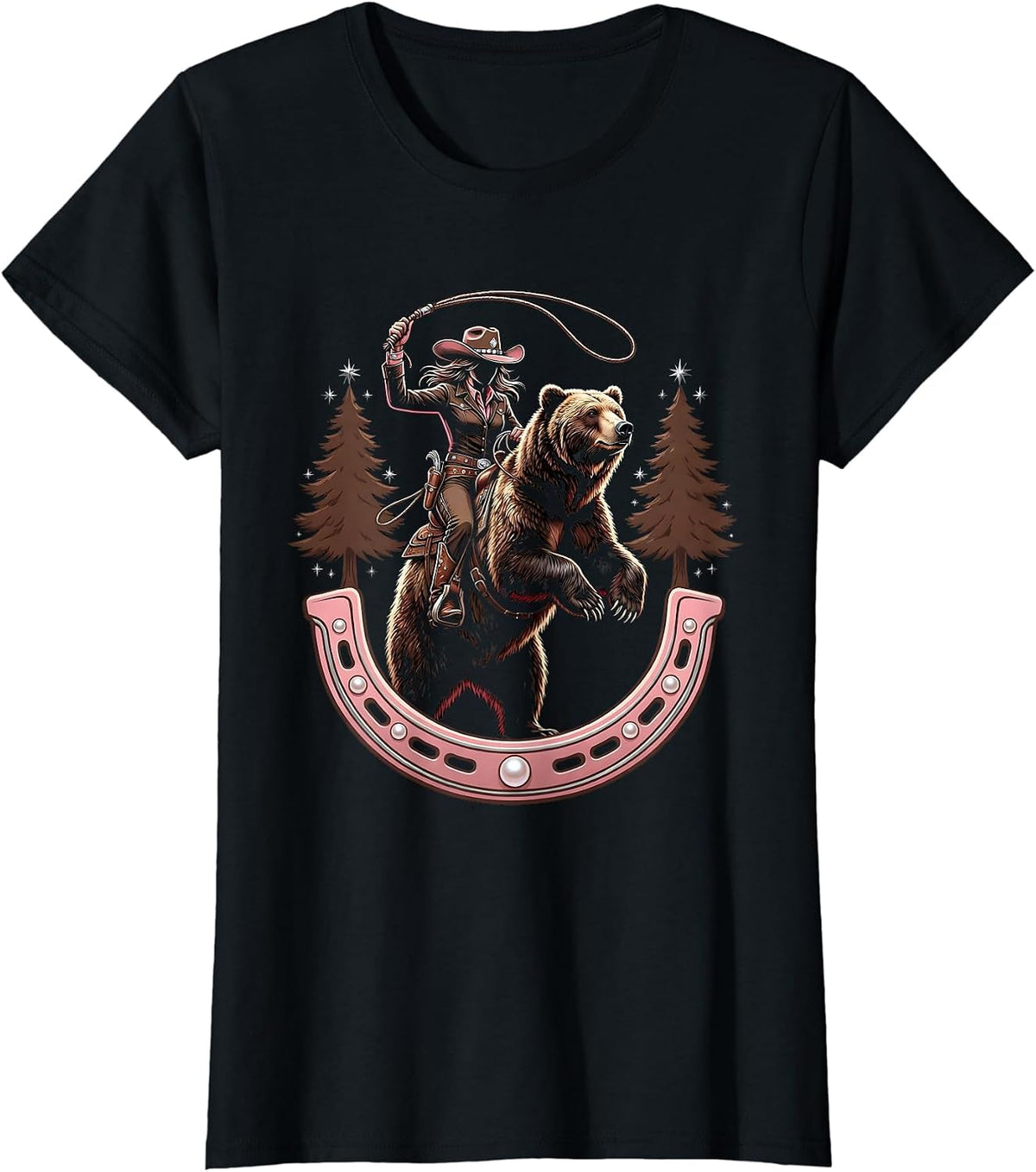 Cowgirl Riding Bear Through Pine Forest T-Shirt - Black
