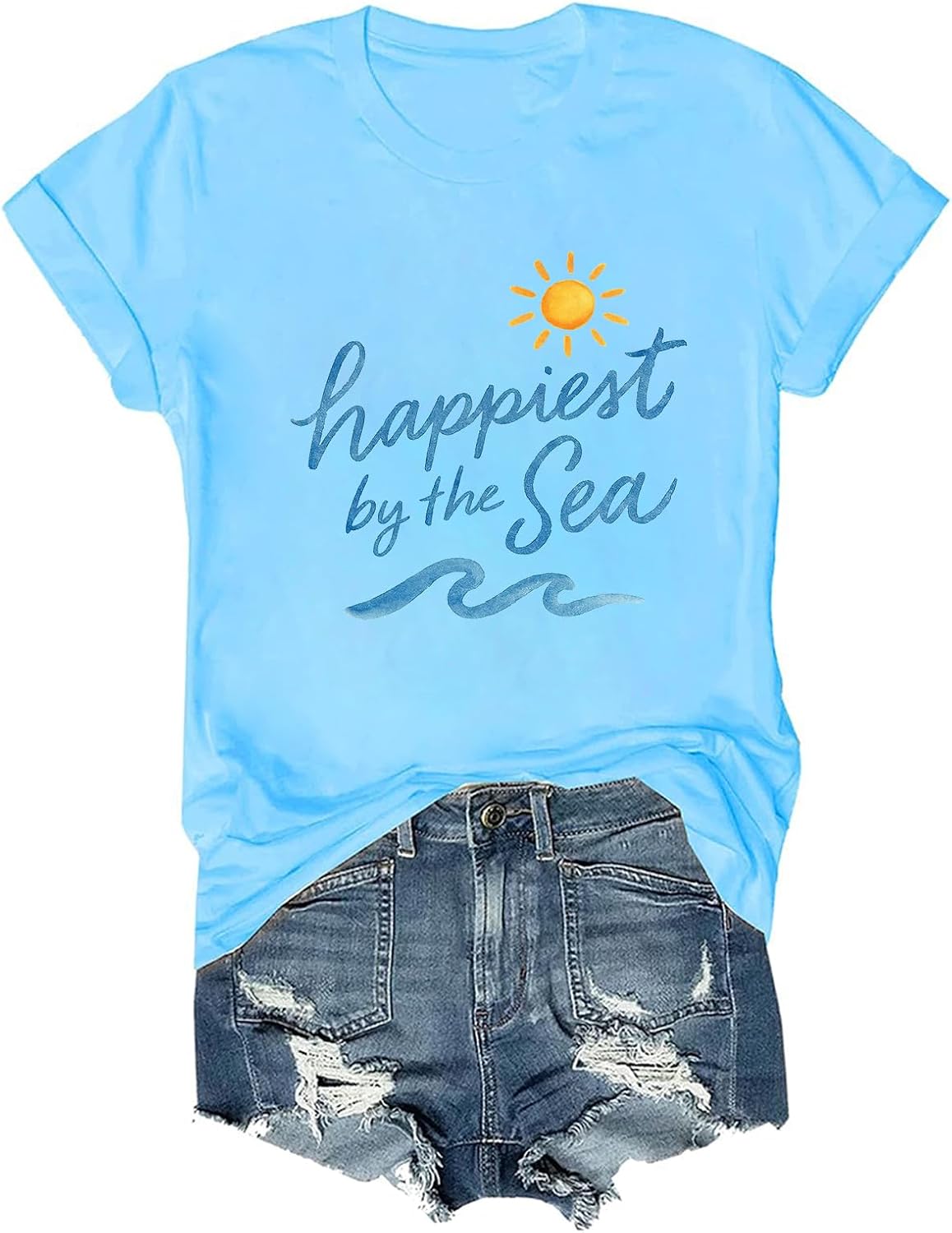 Happiest by the Sea Shirt Coastal Summer Sun Shine Beach Sea Lover T-Shirt - Sky Blue