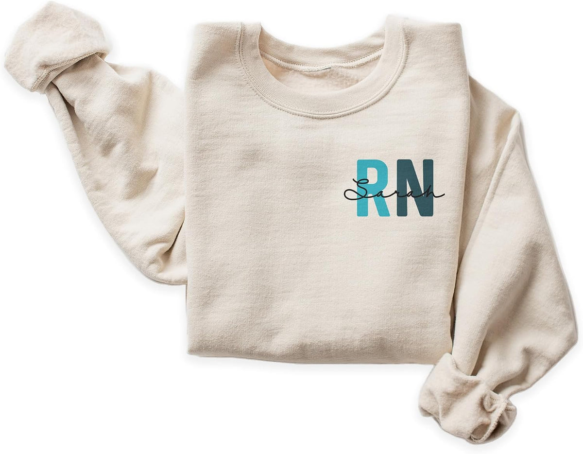Personalized RN Nurse Sweatshirt, Custom Left Chest Name Registered Nurse Gift, Nursing School Graduation, Nurse