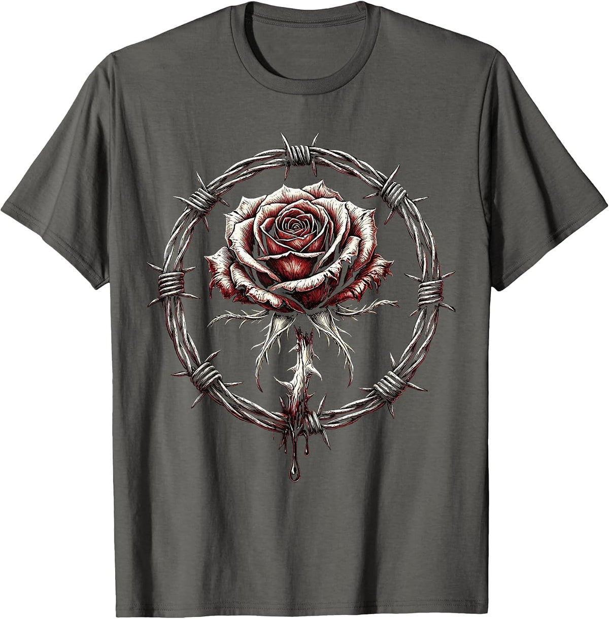 Severed Rose Barbed Wire Grunge Dark Art Design T-Shirt - Asphalt Grey
