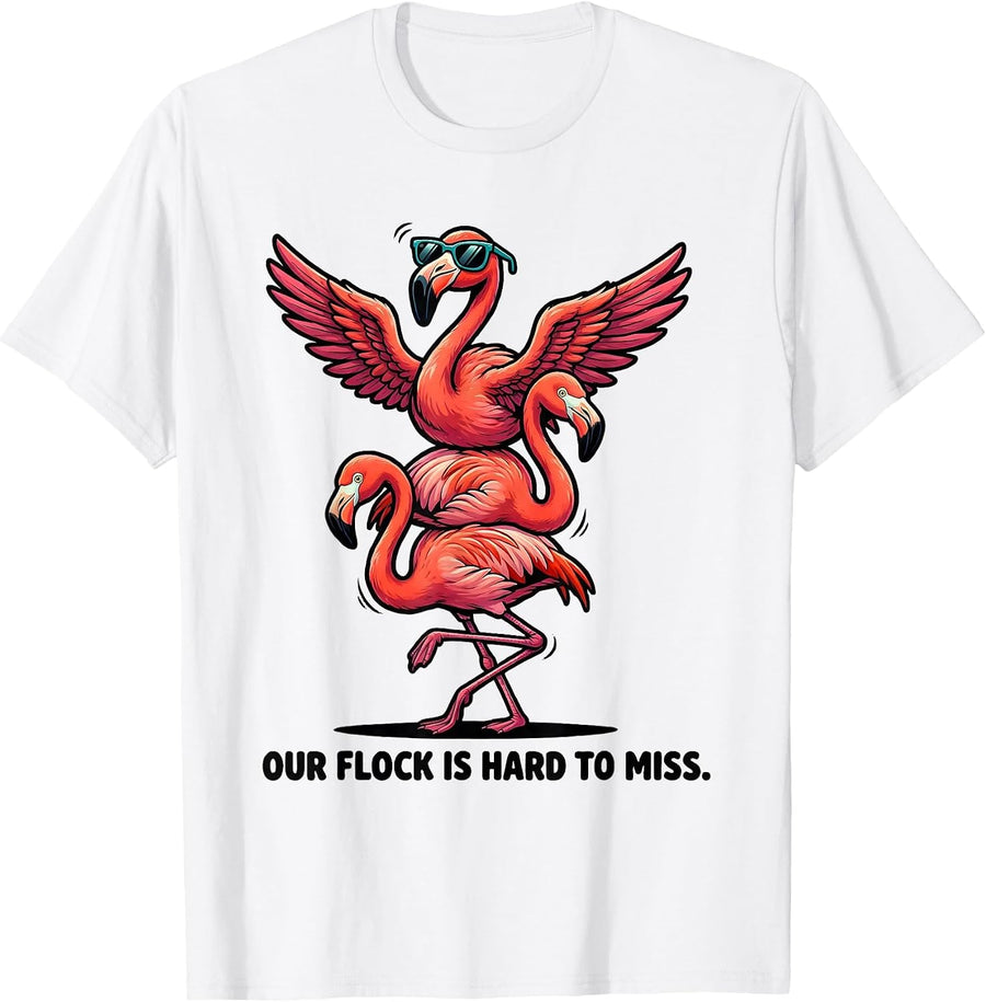Men's Our Flock Is Hard To Miss Cartoon Flamingo Novelty Humor T-Shirt - White