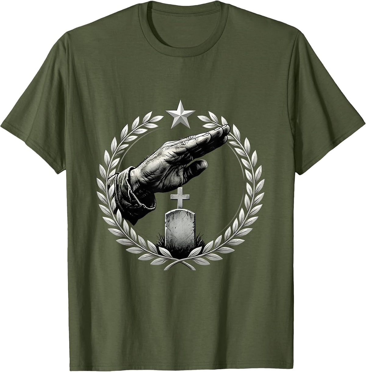 Veteran Salute Over Grave Marker Patriotic Art T-Shirt - Olive Green