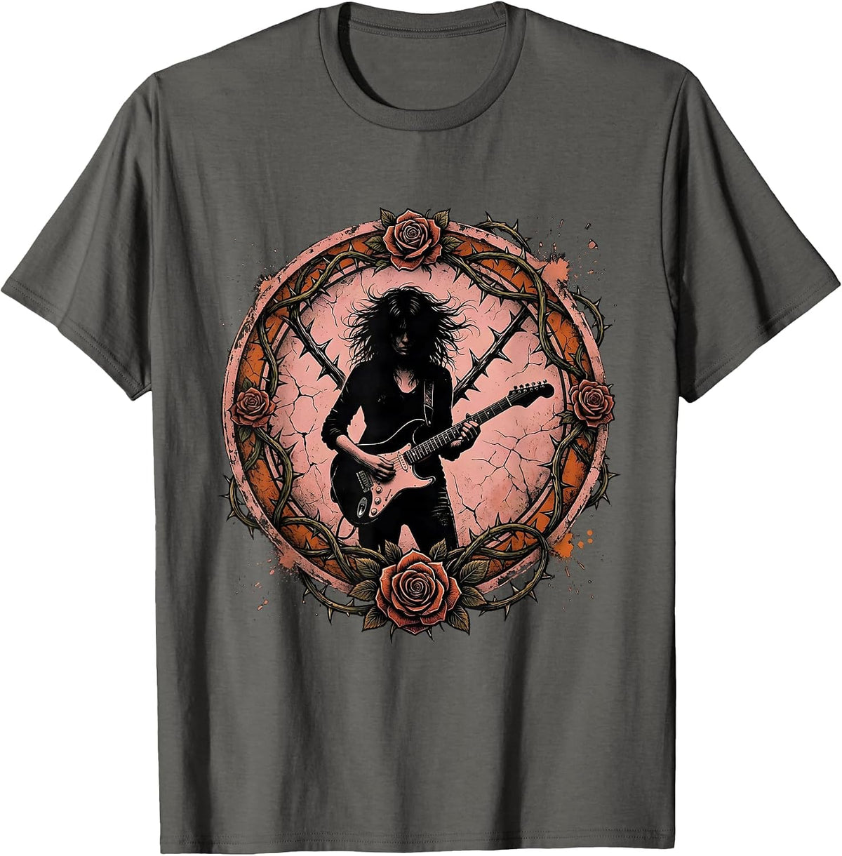 Guitarist with Roses and Thorns Illustration T-Shirt - Asphalt Grey
