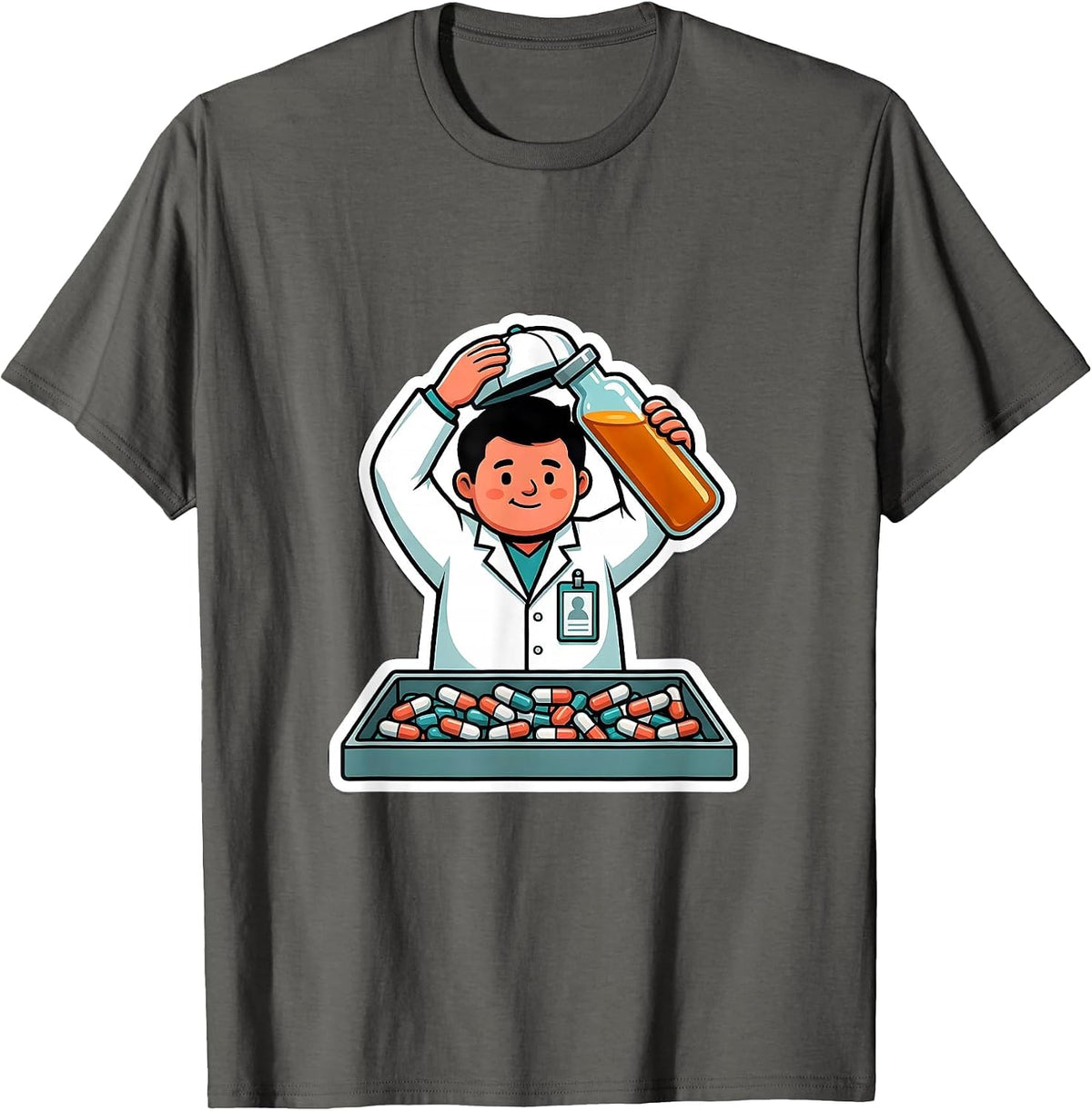 Cute Pharmacy Technician Sticker Style Occupational Humor T-Shirt - Asphalt Grey