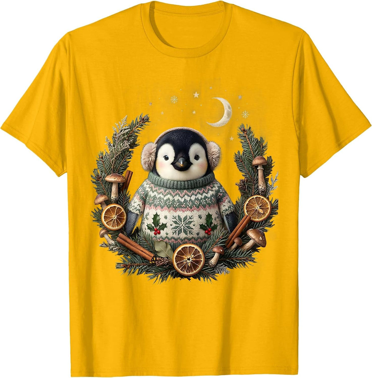 Men's Cute Penguin Christmas Sweater and Earmuffs Design T-Shirt - Golden Yellow