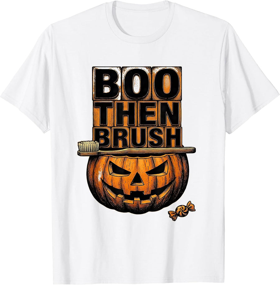 Men's Boo Then Brush Wood Type Letterpress Dental Hygienist T-Shirt - White