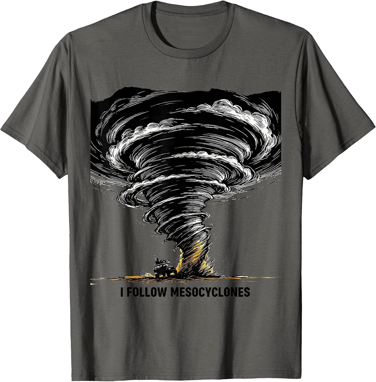 Men's I Follow Mesocyclones Scratchboard Tornado Storm Chaser T-Shirt - Asphalt Grey