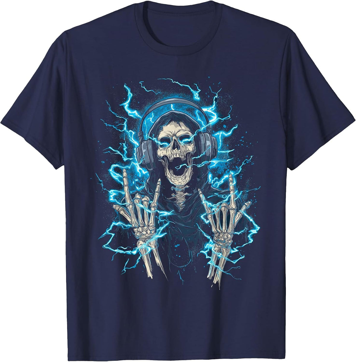 Y2k Gothic Emo Skull Electric Skeleton DJ Headphones T-Shirt - Navy Blue