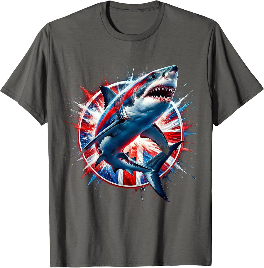 Red White Blue Great White Shark Flag Pattern T-Shirt - Asphalt Grey