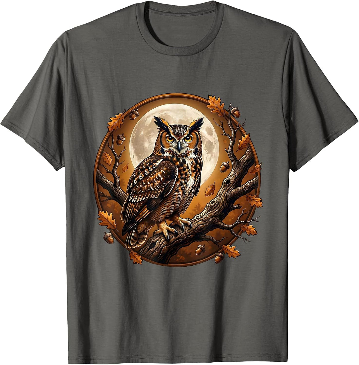 Men's Owl on Branch Full Moon Fall Night Illustration T-Shirt - Asphalt Grey