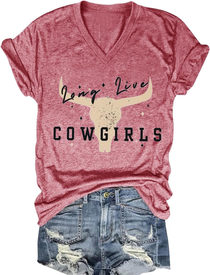 Western Country Shirt for Women Cowgirl T Shirts V Neck Short Sleeve Tops - C-pink
