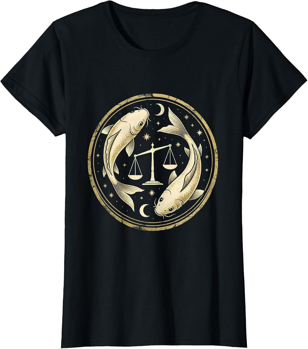 Women's Libra Koi Fish Balance Scale Zodiac Design T-Shirt - Black