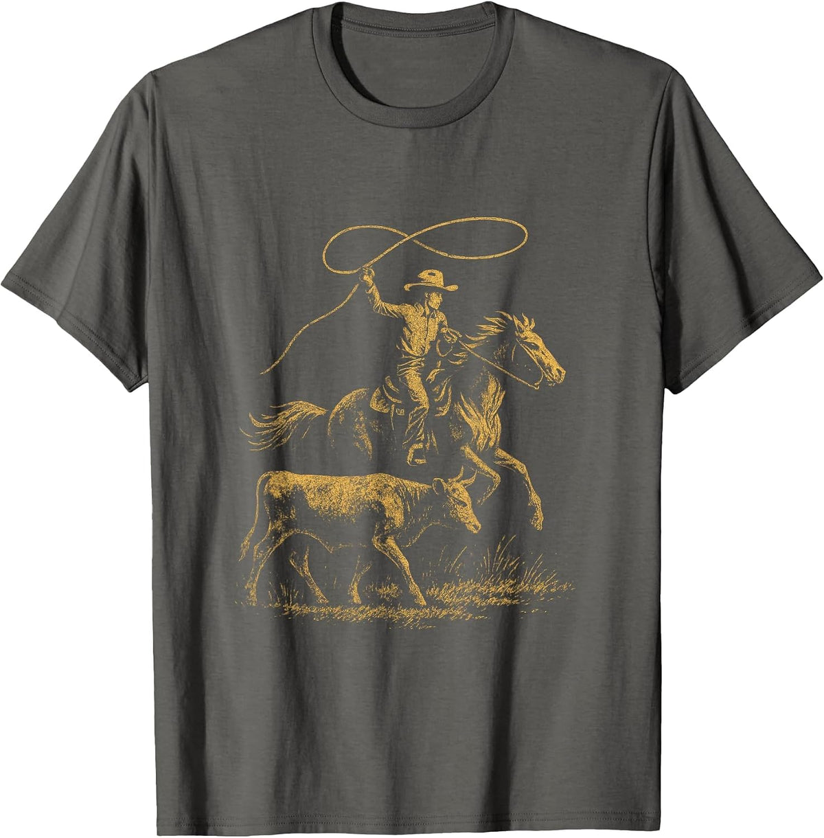 Rodeo Cowboy - Retro Cowgirl Steer Roping Art T-Shirt - Asphalt Grey