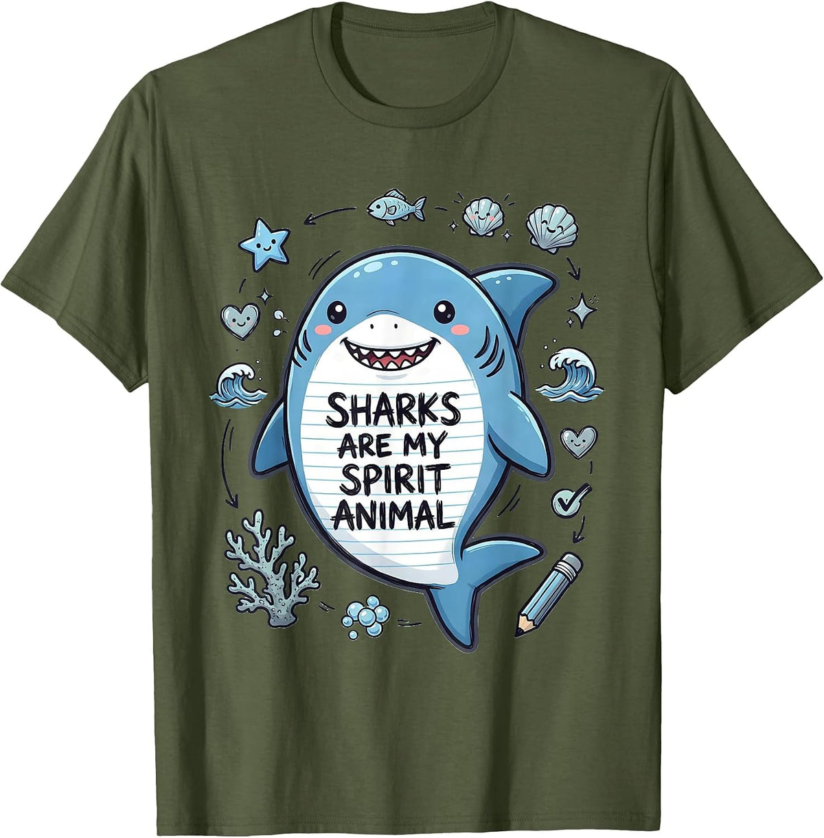 Men's Sharks Are My Spirit Animal Ocean Design T-Shirt - Olive Green