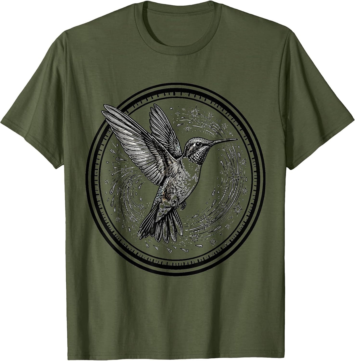 ADHD Hummingbird Swirling Sparks Illustration T-Shirt - Olive Green