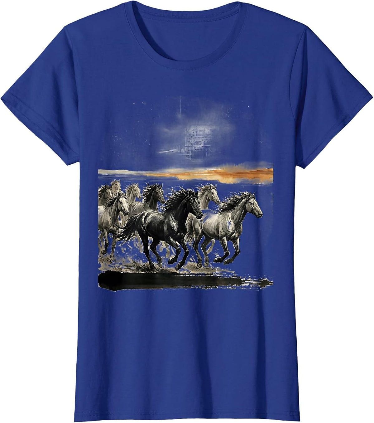Women's Wild Horse Herd Sunset Horizon Graphic T-Shirt - Royal Blue