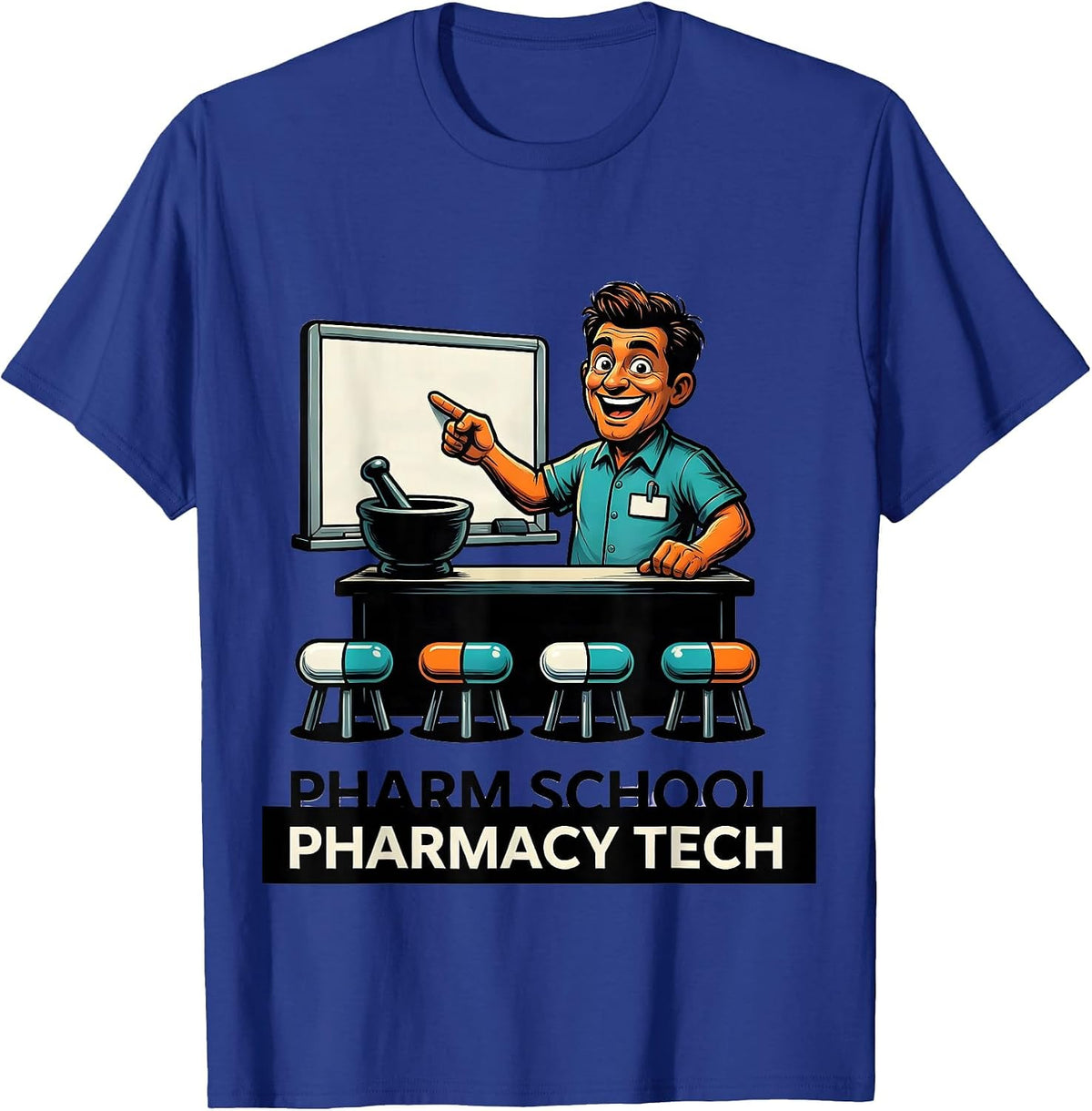 Men's Pharm School Pharmacy Tech Funny Pharmacy Technician Cartoon T-Shirt - Royal Blue