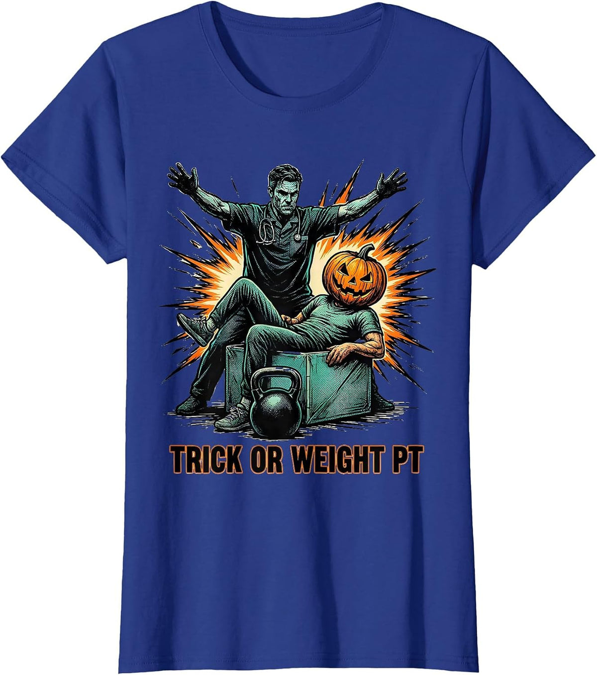 Women's Trick Or Weight PT Comic Ghost Physical Therapy Halloween T-Shirt - Royal Blue