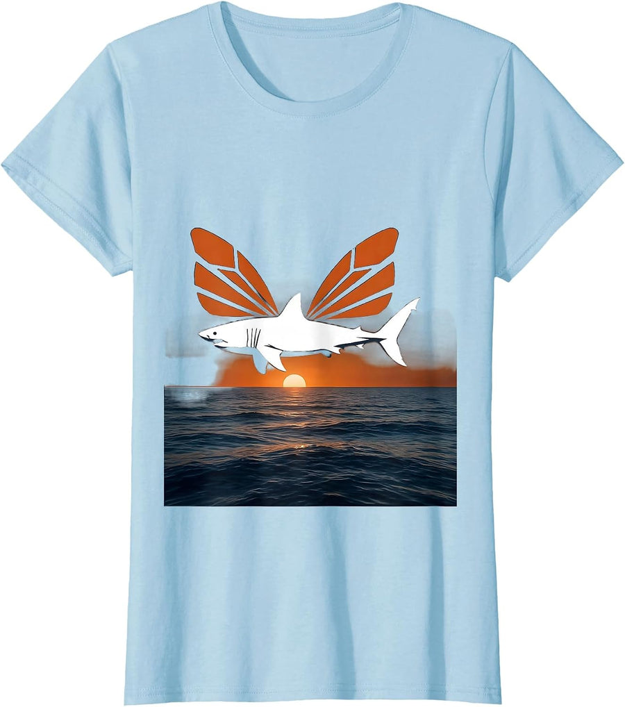 Women's Shark With Butterfly Wings Mid-Ocean Art T-Shirt - Baby Blue