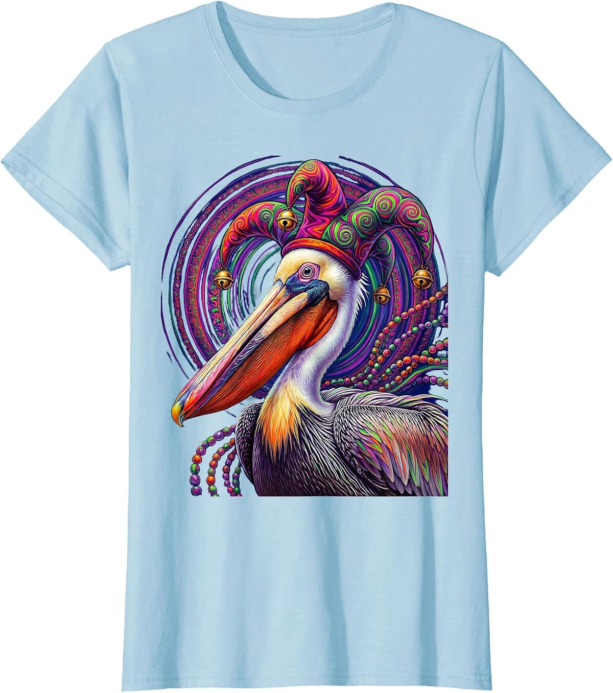 Mardi Gras Pelican Jester Hat and Beads Design T-Shirt - Baby Blue