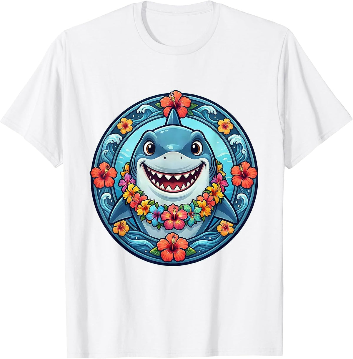 Men's Kids Hawaiian Shark with Flower Lei Illustration T-Shirt - White