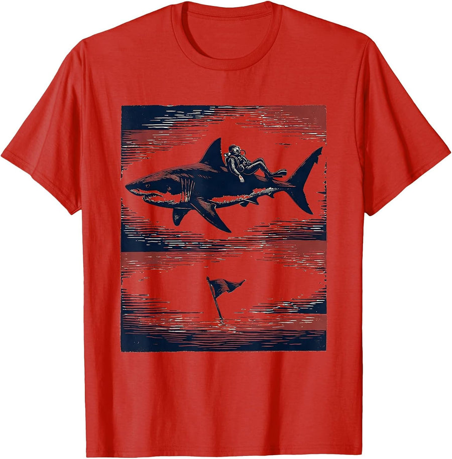 Men's Shark Silhouette Scuba Diver Linocut Humor Gift T-Shirt - Red