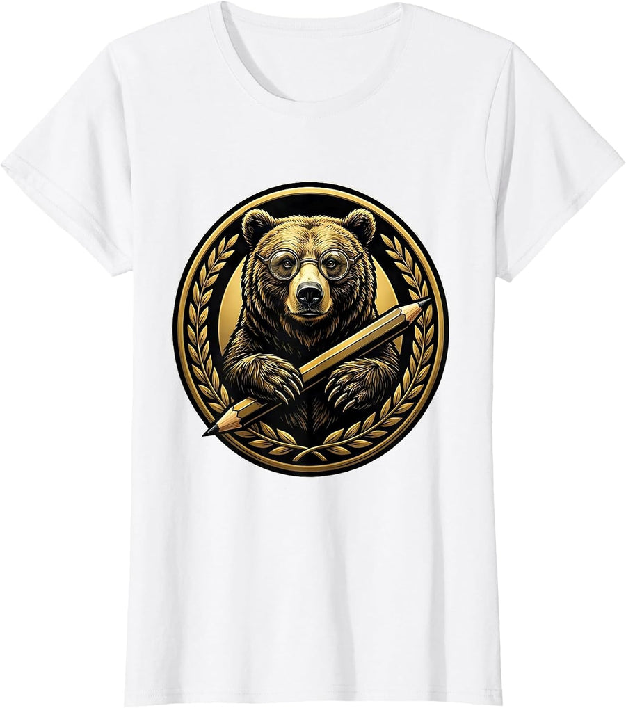 Women's Math Teacher Bear Wearing Glasses Holding Pencil T-Shirt - White