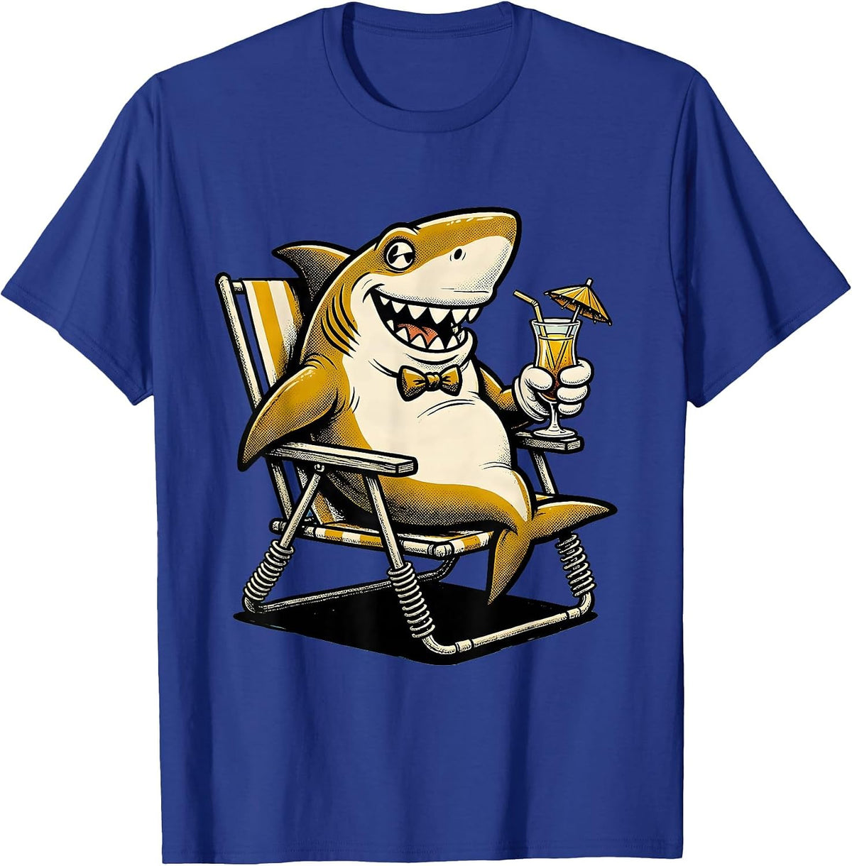 Shark Relaxing in Lawn Chair with Tropical Drink T-Shirt - Royal Blue