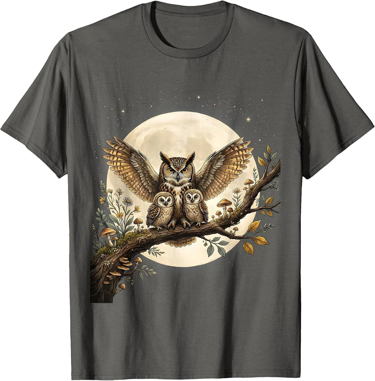 Men's Mother Owl and Owlets Full Moon Night Design T-Shirt - Asphalt Grey