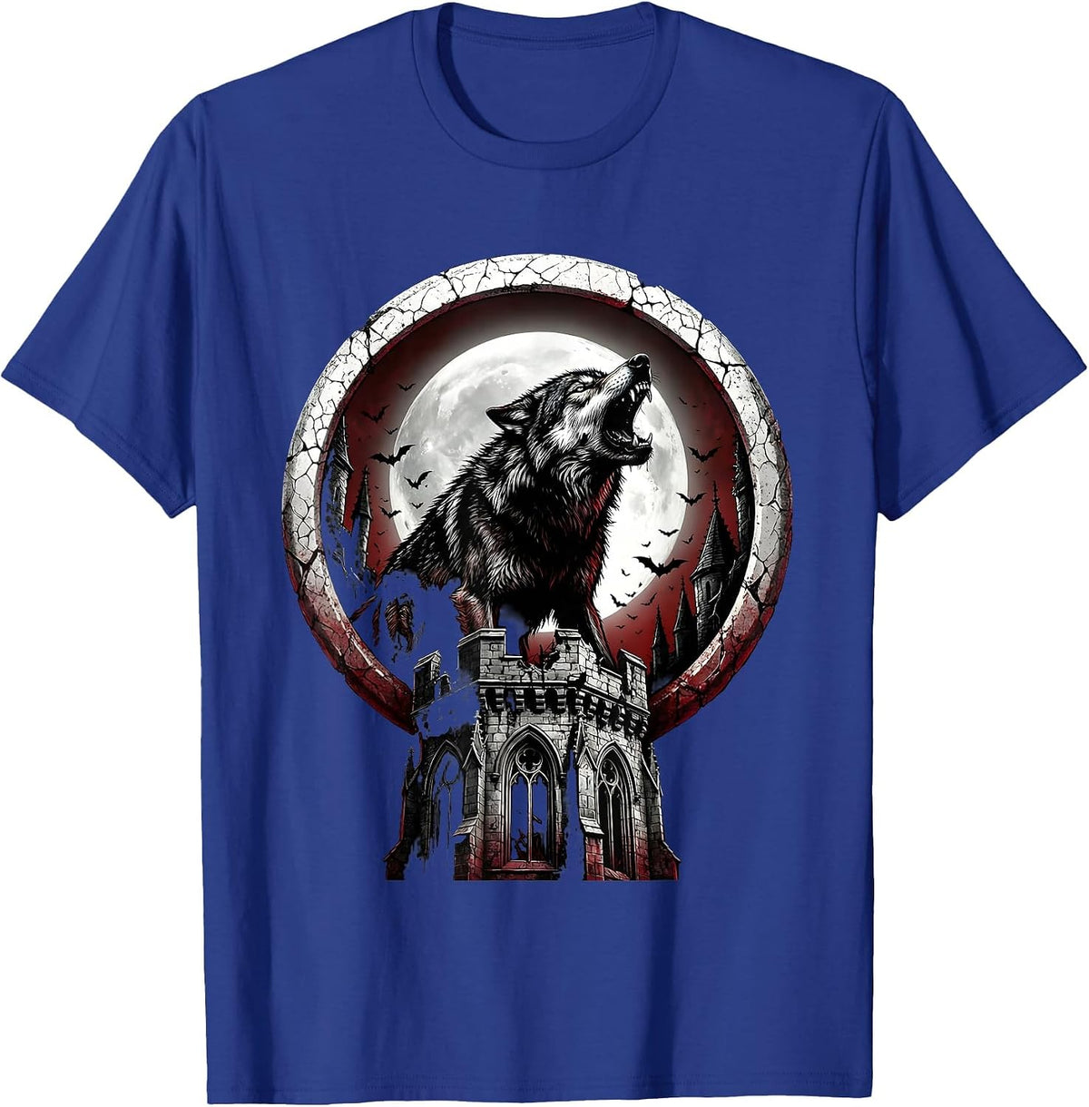 Wolf Howling Castle Heavy Metal Graphic T-Shirt - Royal Blue