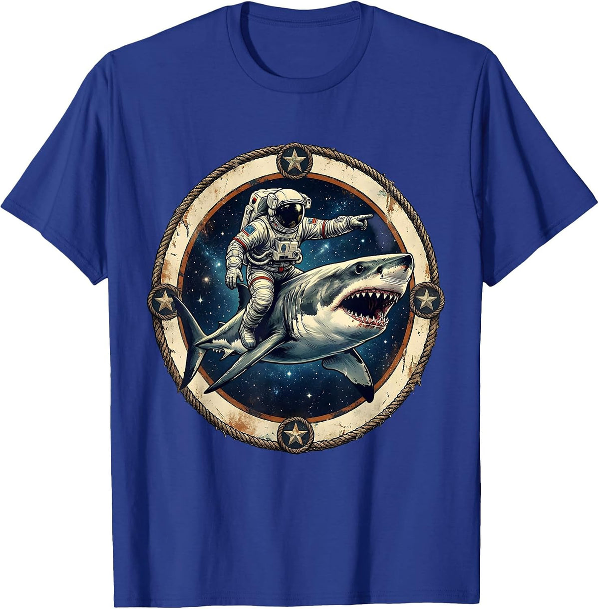 Men's Astronaut Riding a Shark Through Outer Space T-Shirt - Royal Blue
