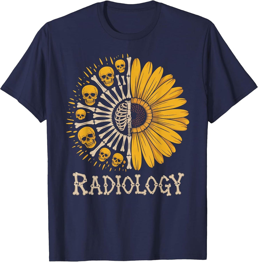 Sunflower Skeleton Radiology Technician Radiologist T-Shirt - Navy Blue