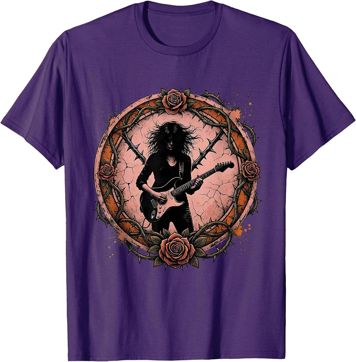 Guitarist with Roses and Thorns Illustration T-Shirt - Purple