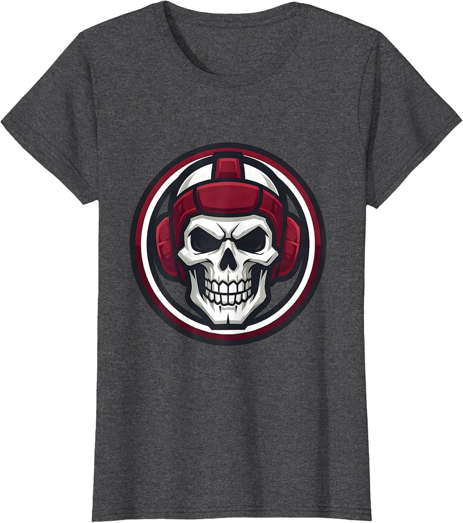 Women's Skull Rugby Headguard Graphic Design T-Shirt - Dark Heather Grey