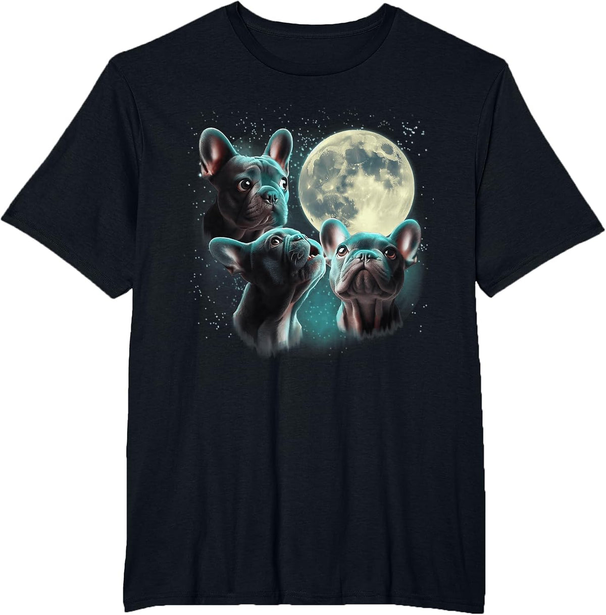 Funny Three French Bulldog Moon, 3 Frenchie Blue, Weird Cute T-Shirt - Black