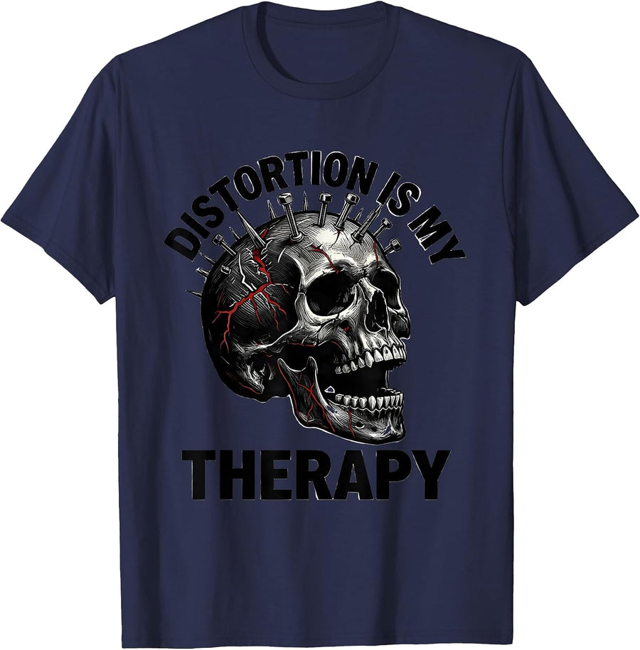 Distortion Is My Therapy Metal Band Graphic T-Shirt - Navy Blue