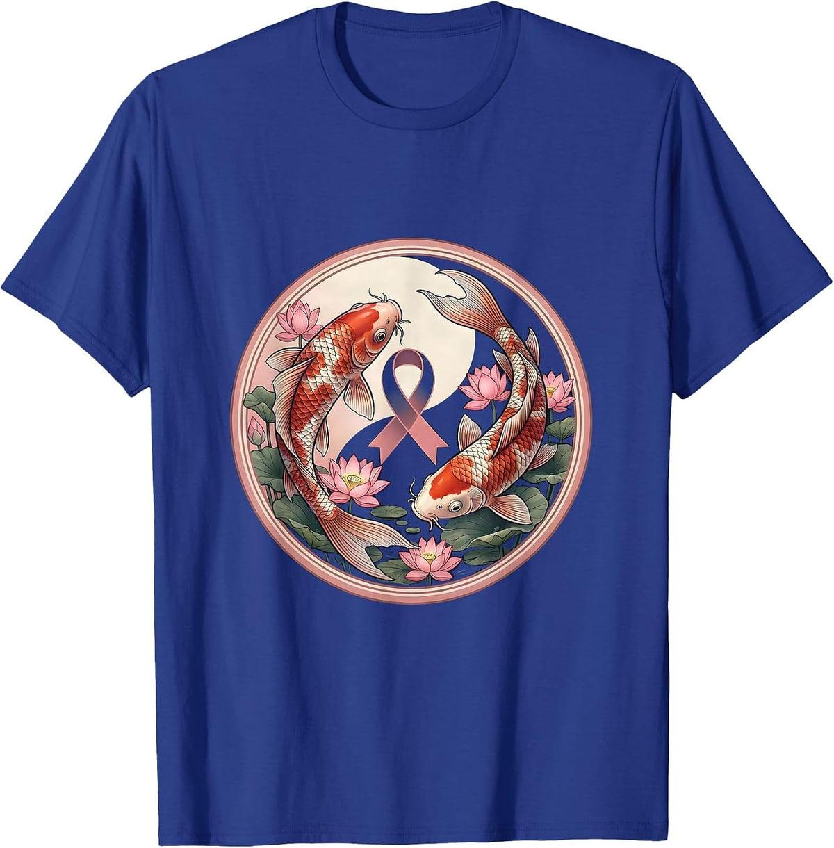 Koi Fish Pink Lotus Pond Breast Cancer Awareness T-Shirt - Royal Blue