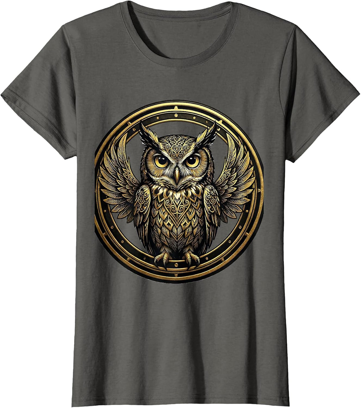 Women's Black Owl Gold Filigree Art Design T-Shirt - Asphalt Grey