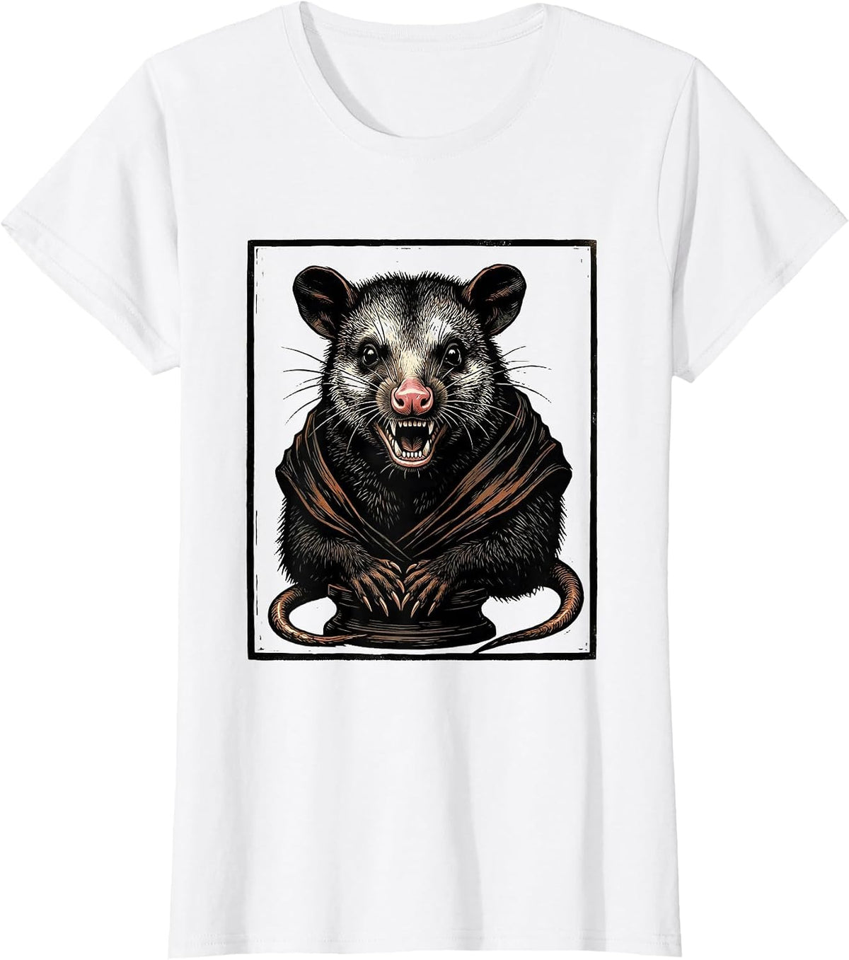 Formal Opossum Bust Linocut Funny Animal Meme T-Shirt - White