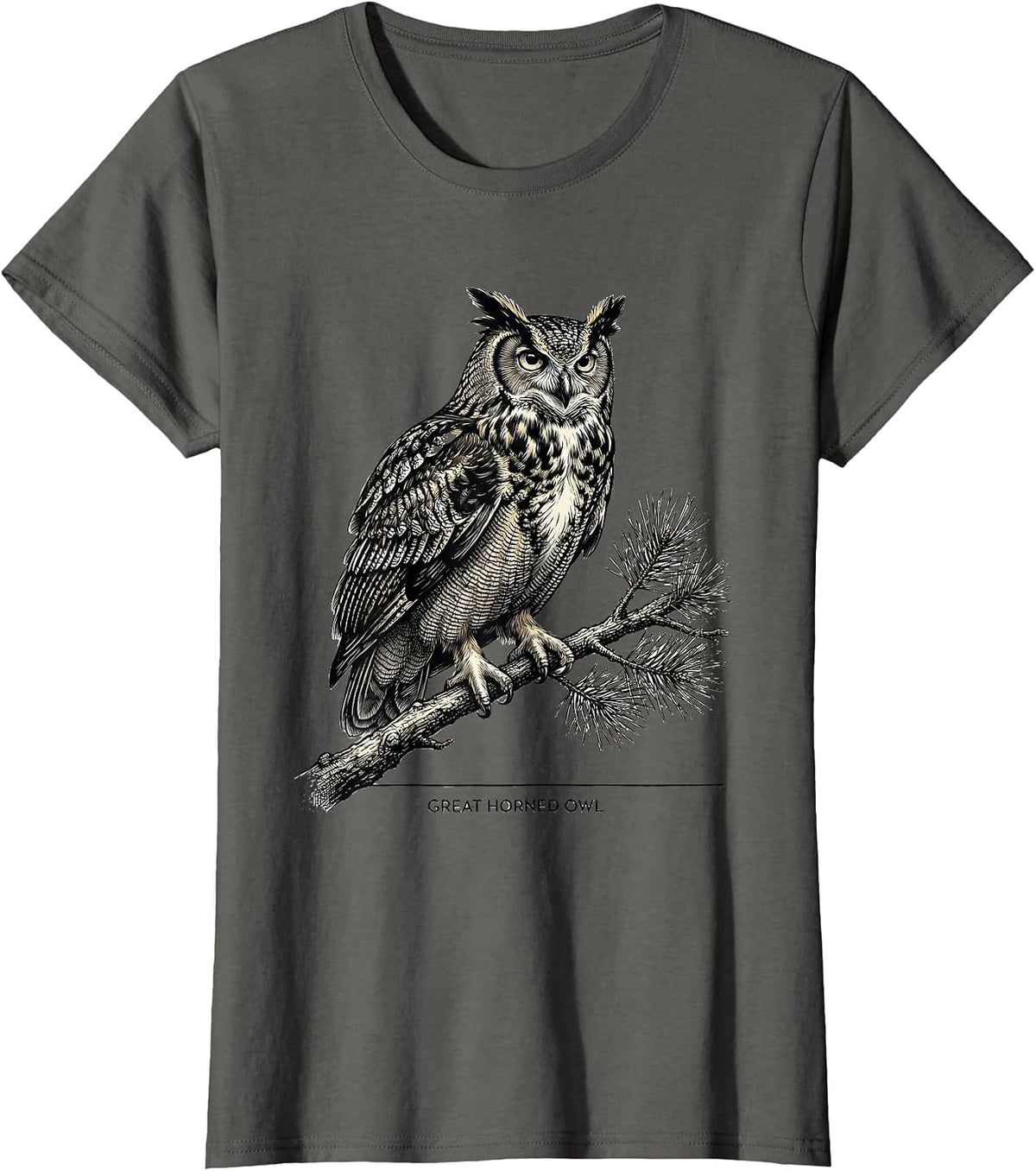 Women's Great Horned Owl Vintage Forest Wildlife Nature Reflection T-Shirt - Asphalt Grey