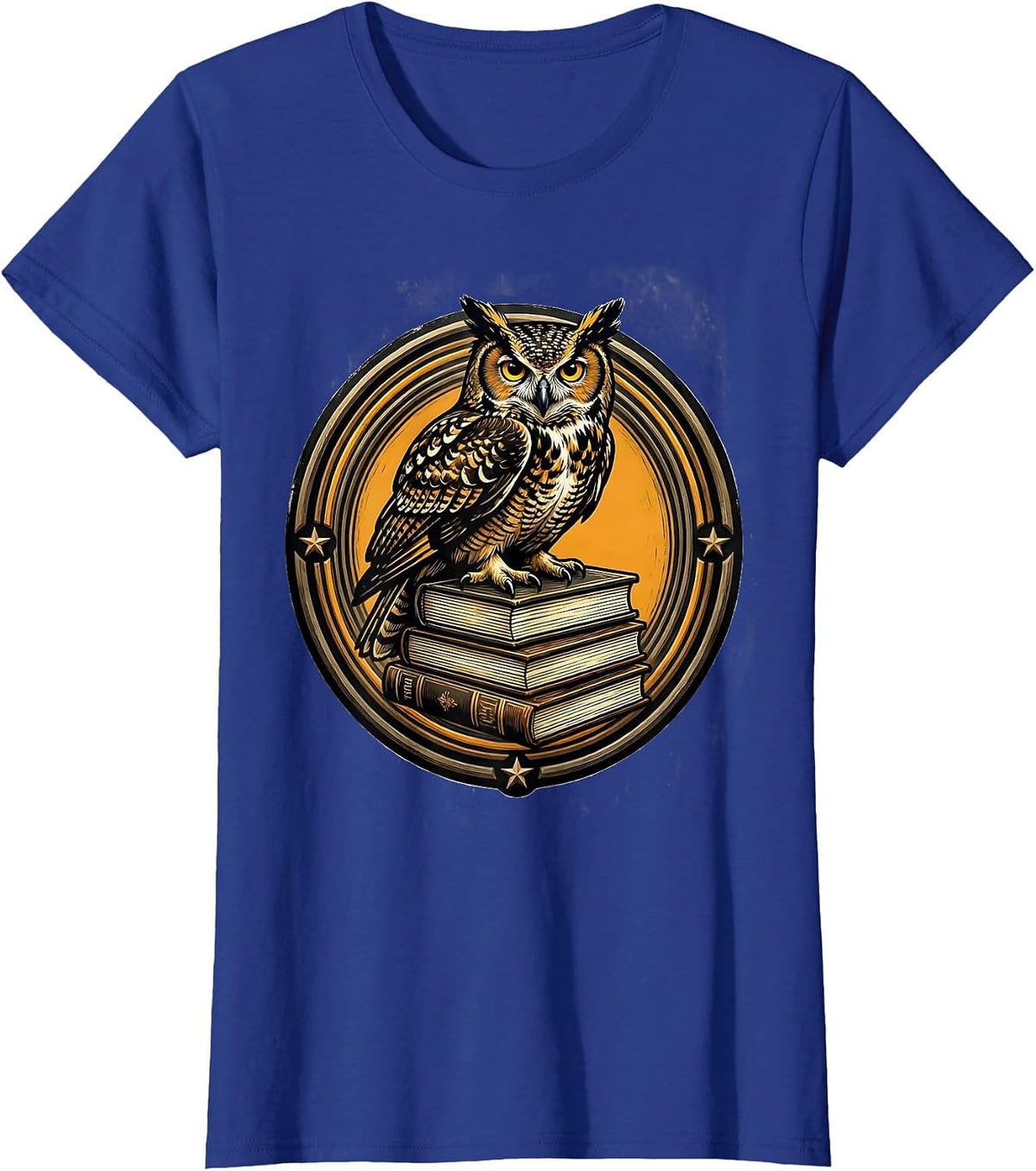 Women's Wise Owl Perched on Stack of Books Illustration T-Shirt - Royal Blue