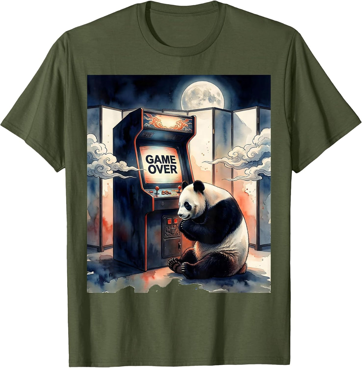 Game Over Watercolor Panda Gaming Humor Ukiyo-e Frog Novelty T-Shirt - Olive Green