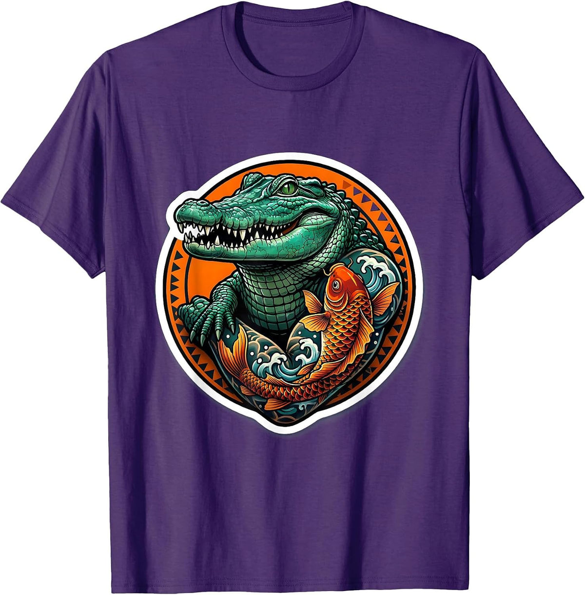 Men's Gator with Koi Fish Tattoo Sleeve Illustration T-Shirt - Purple