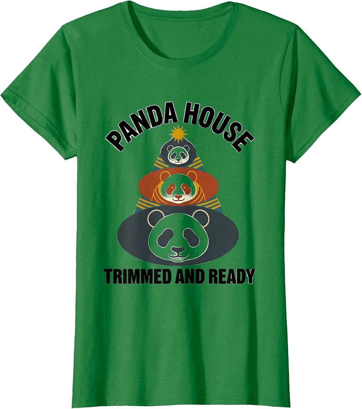 Women's Panda House Trimmed And Ready Midcentury Modern Animal Lover T-Shirt - Kelly Green