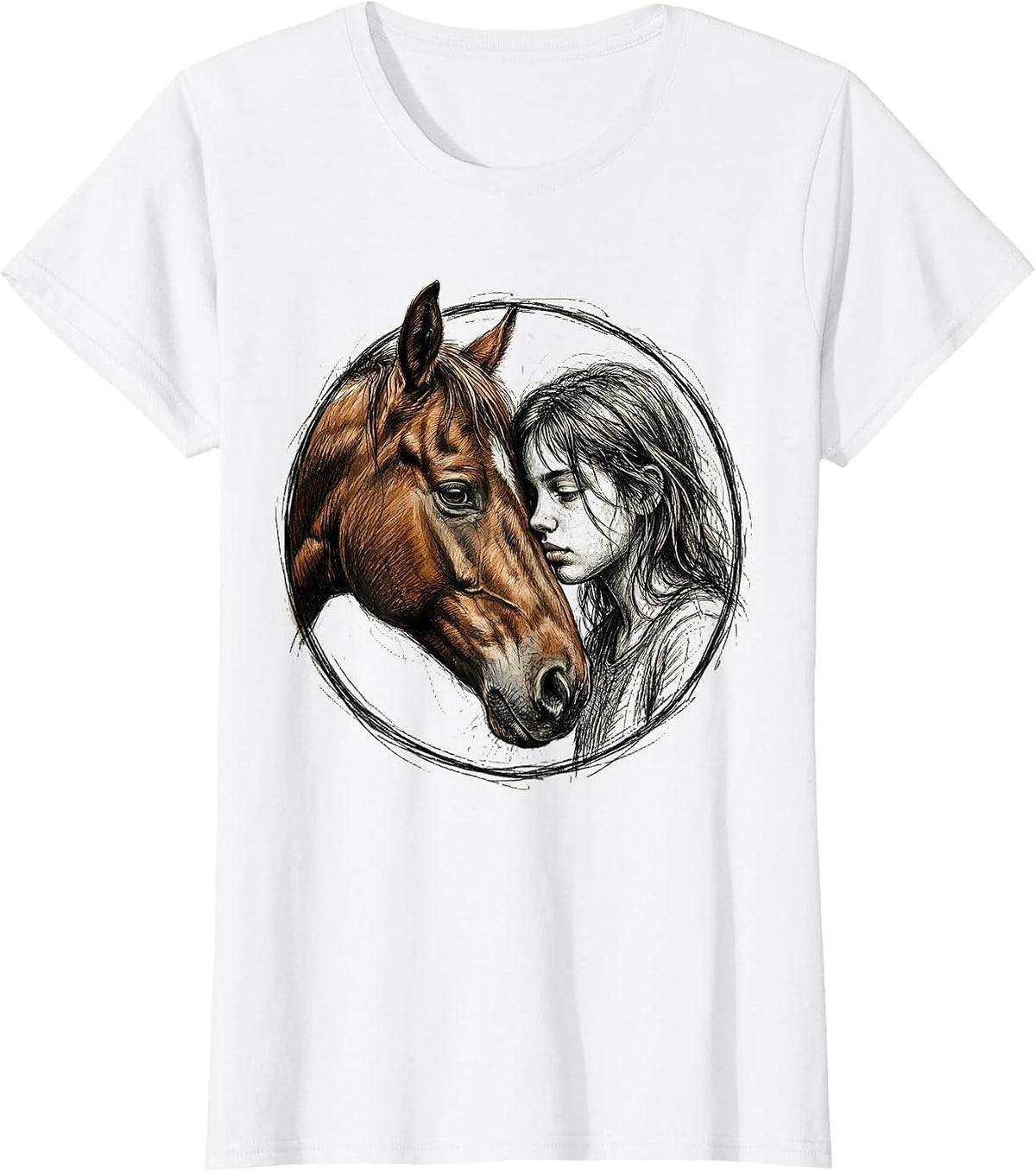 Girl Whispering to Chestnut Horse Illustration T-Shirt - White